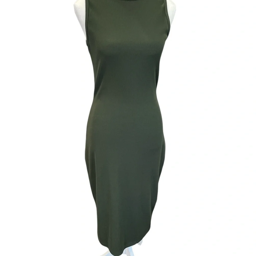 Khaki Green Sleeveless Ribbed Midi Dress Size Small Pretty Garden - Picture 2 of 5